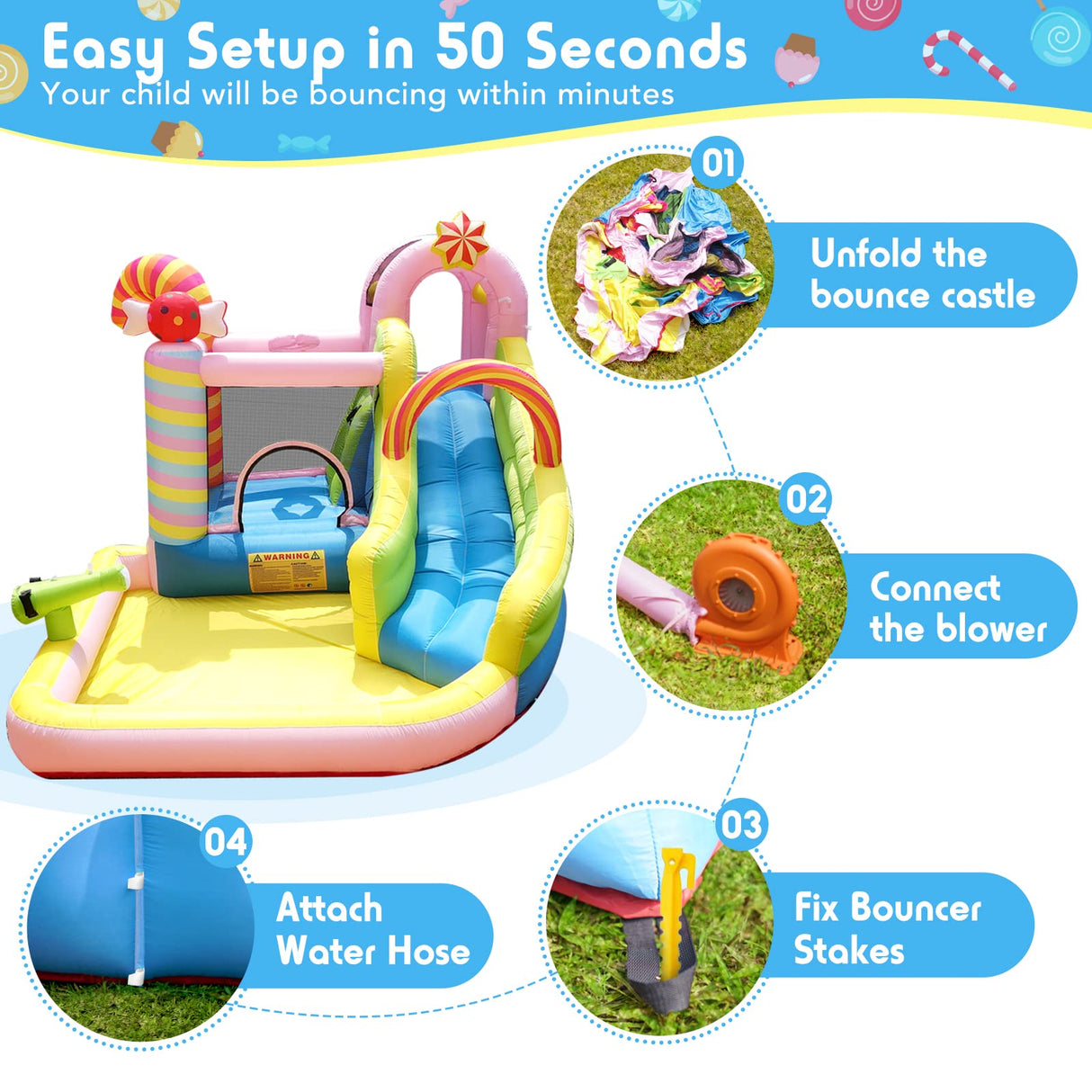 NBSPORT Inflatable Bounce House Water Slide, 6 in 1 Sweet Candy Water Park, Wet Dry Combo Bouncy Castle with 450W Blower, Splash Pool, Water Slide for Kids and Adults Backyard Party Gifts NBSPORT