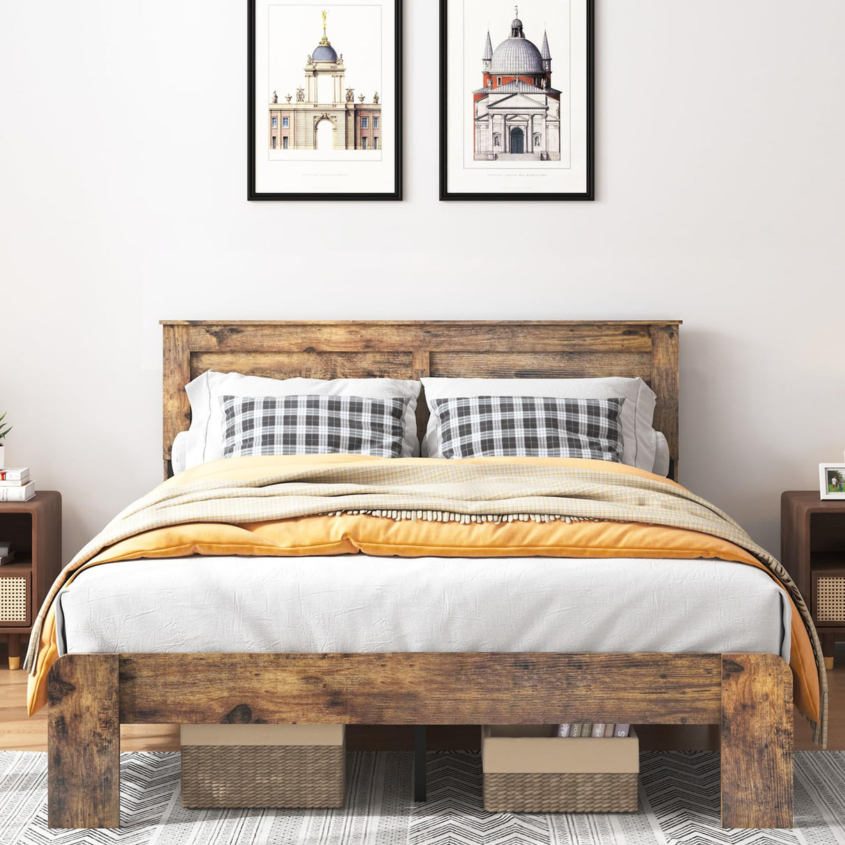 YHJIV Wood King Bed Frame with Headboard, Rustic Farmhouse Platform Bed Frame with 12 Wood Slats Support, No Box Spring Needed, Easy Assembly (Vintage Brown, King) YHJIV