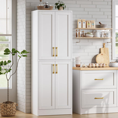 Homzbesy Pantry - Kitchen Pantry Cabinet with 4 Doors and Adjustable Shelves, Tall White Cabinet Freestanding Storage Cupboard for Dining Room Living Room, Laundry, Bathroom Homzbesy
