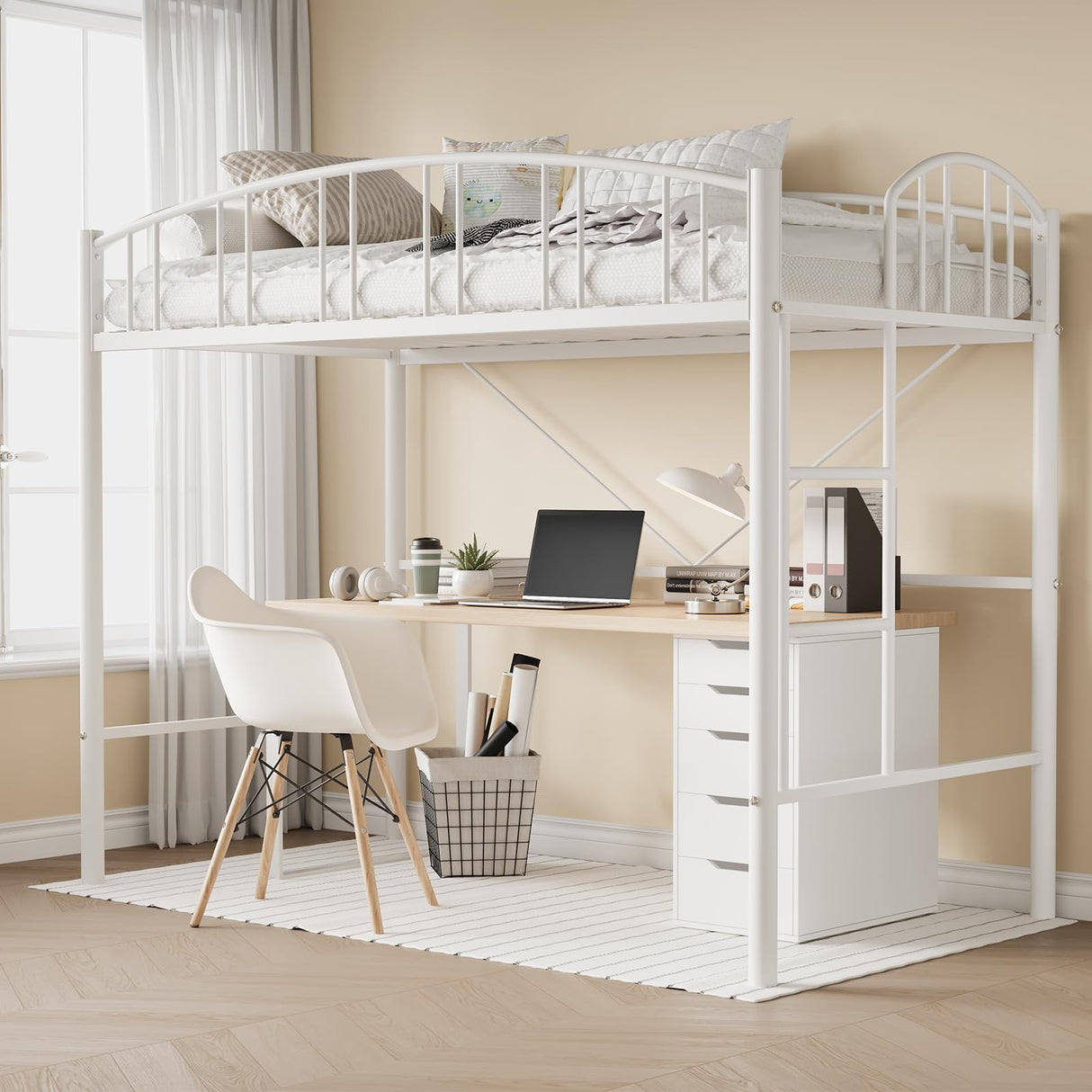 Garvee Loft Bed Twin Size with Ladde and Arched Guardrail, Heavy Duty Metal Loft Bed Frame for Kids and Adults, Sturdy Steel Slats Support, Small Space Saving Design, No Box Spring Needed, White Garvee