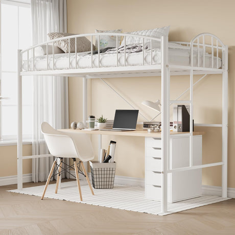 Garvee Loft Bed Twin Size with Ladde and Arched Guardrail, Heavy Duty Metal Loft Bed Frame for Kids and Adults, Sturdy Steel Slats Support, Small Space Saving Design, No Box Spring Needed, White Garvee
