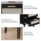 Ltysh Nightstand with Charging Station,Rattan Night Stand with Solid Wood Legs, Bedside Table with USB Ports & Outlets Bed Side Table,End Table for Bedroom,Living Room(Black) Ltysh