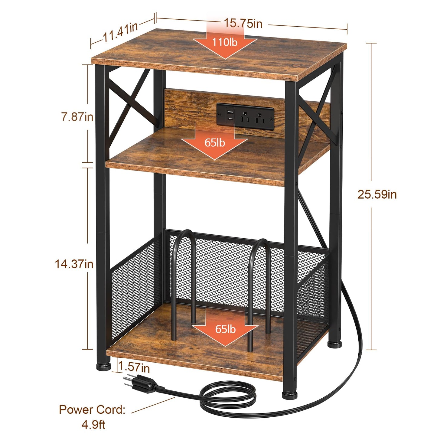 AMHANCIBLE Record Player Stand with Charging Station, Turntable Stand with Storage Cabinet, 3 Tier End Table Hold Up to 200 Albums, Record Stand for Vinyl, Living Room, Rustic Brown, HETCD01B - WoodArtSupply