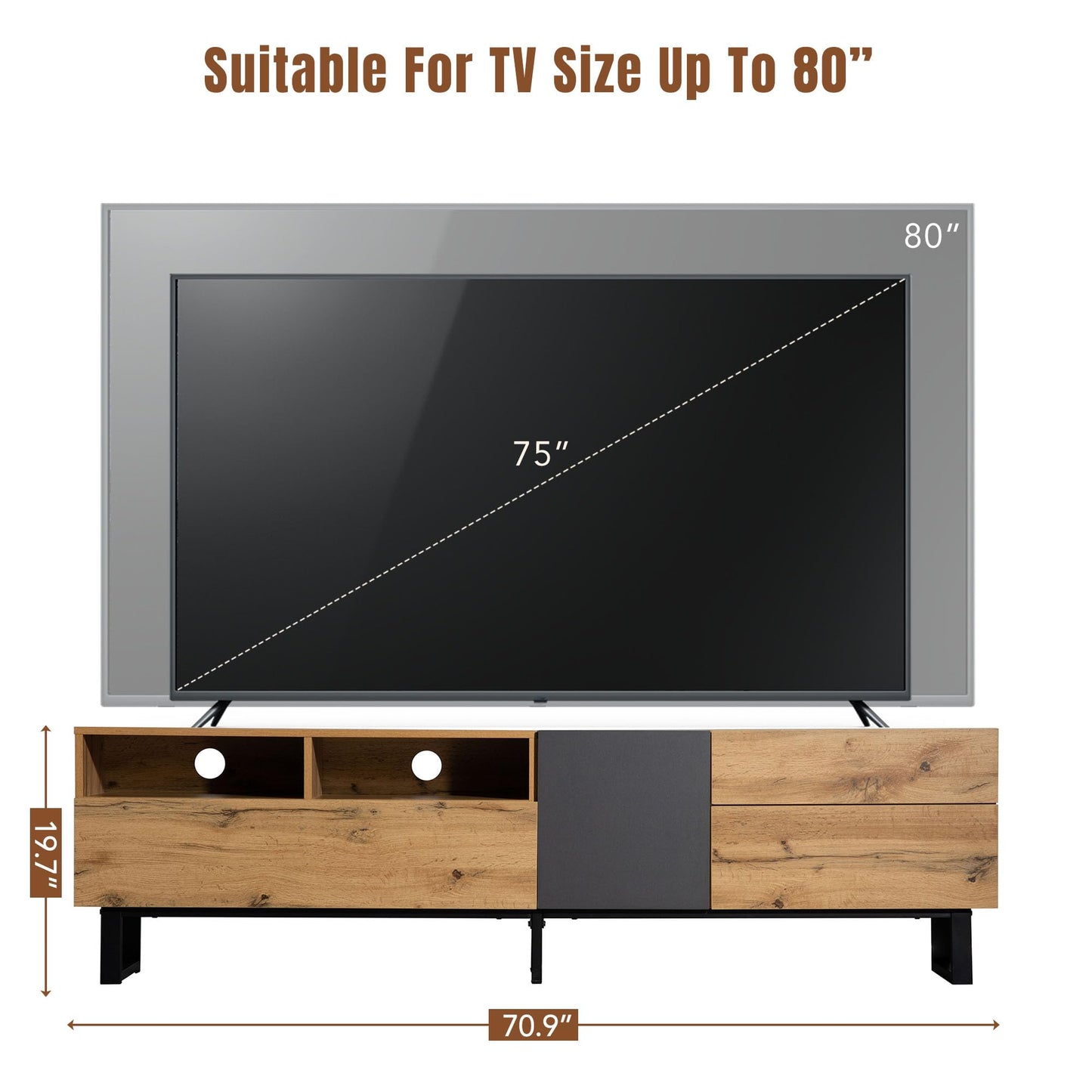 Merax Modern TV Entertainment Center with 3 Cabinets & Open Shelves, Wood TV Stand for TVs Up to 80” for Living Room Bedroo (Wood Color)