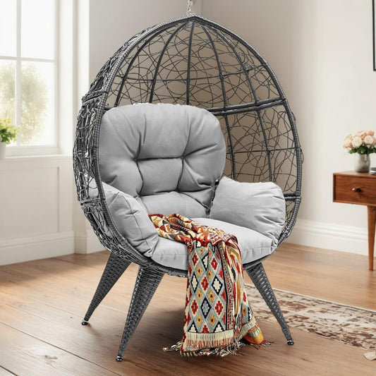 YITAHOME Egg Chair Wicker Indoor Outdoor Oversized Large Lounger with Stand Cushion Leveling Feet Egg Basket Chair 330lbs Capacity for Patio, Bedroom, Living Room, Garden, Backyard, Balcony-Grey