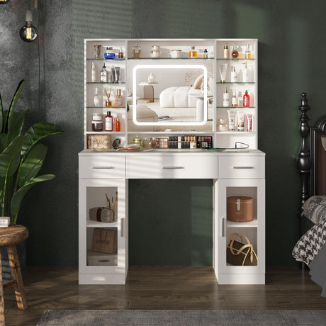 Fameill Makeup Vanity with Lights, 43.4inch Vanity Desk with Power Strip, 3 Drawers and 2 Cabinets Makeup Table with Lighted Mirror, 3 Lighting Colors, White Fameill