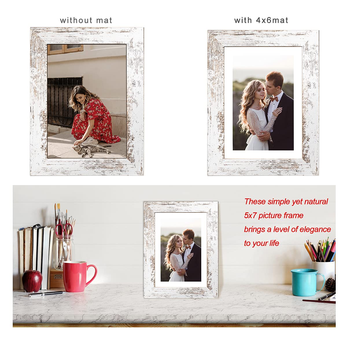Capcillin 5x7 Picture Frame Wood Patten Distressed White Set of 2, Each Frame with Mat,Display 5x7 Picture Without mat or 4x6 Photos with Mat Wall Decor Table Top(CP001-MD5x7RW) Capcillin