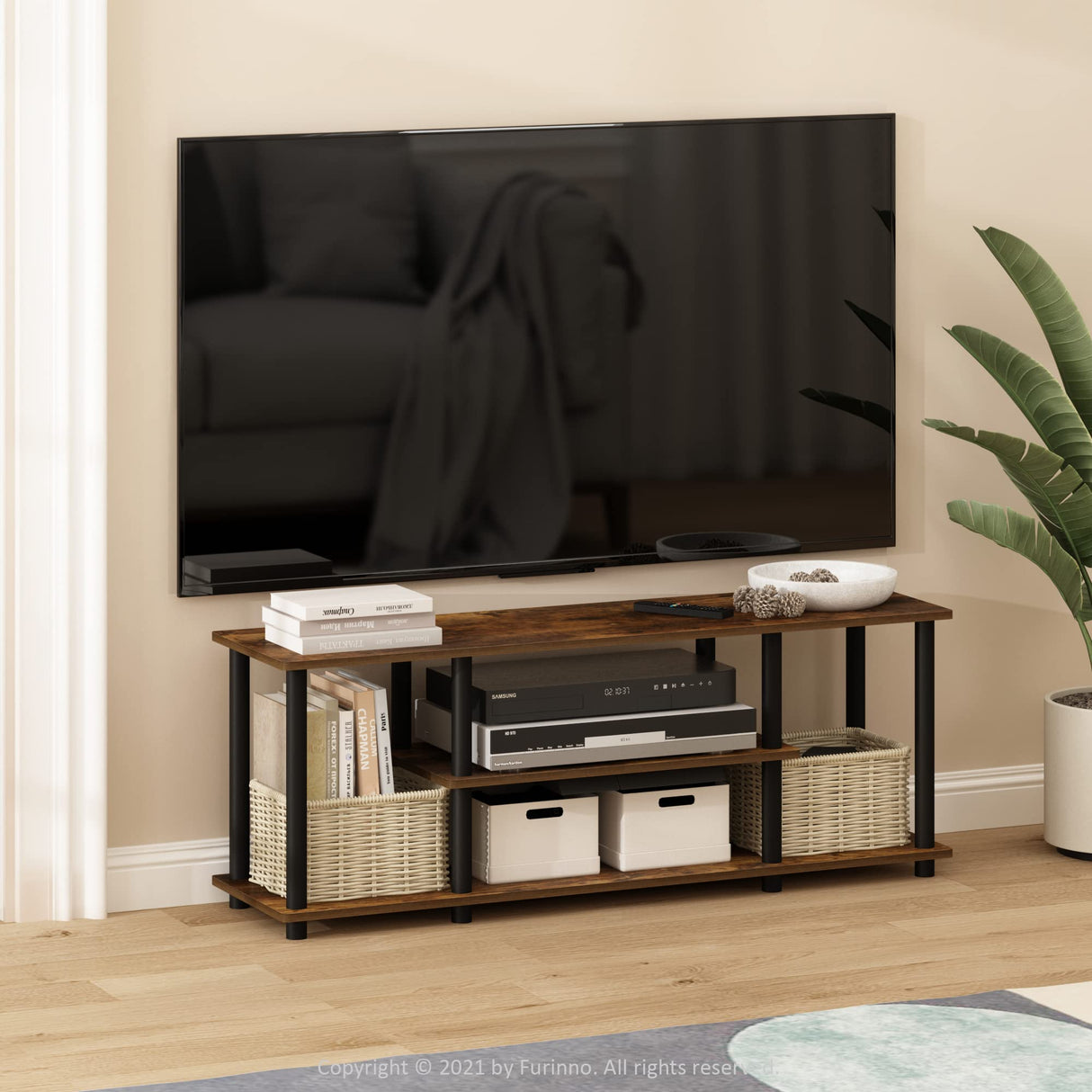 Furinno Turn-N-Tube No Tools 3D 3-Tier Entertainment Stand up to 50 inch TV, Amber Pine/Black Furinno