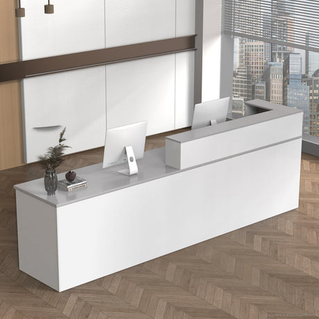 Huariifowm L Shape Reception Desk with Counter, Lockable Drawer, Keyboard Tray, and Double-Layer Storage for Salon, Office, or Clinic(White+Gray/Left, 63" L*24" W*39" H) Huariifowm