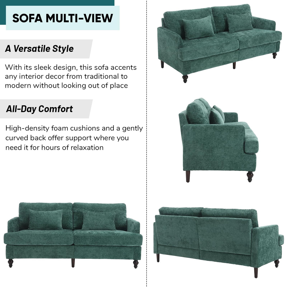 JOYBASE 2 Pieces Living Room Furniture Sets, Loveseat Couch and Accent Chair, Mid-Century Modern Sofa Set for Living Room, Apartment, Office, Bedroom (Emerald, Chenille) JOYBASE
