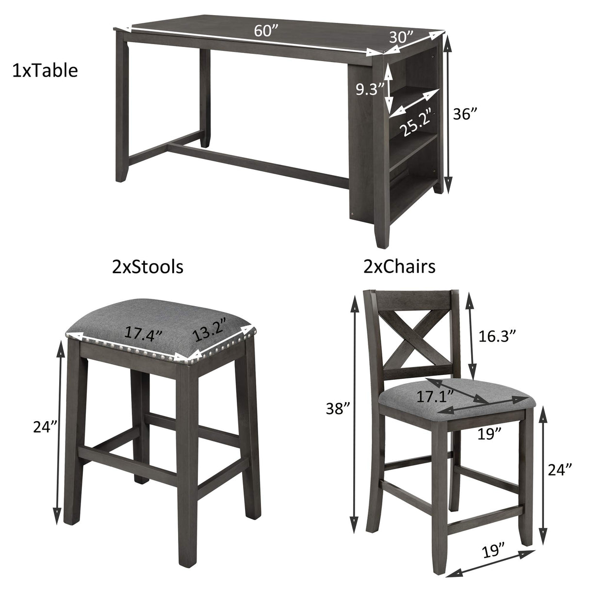 Quarte Farmhouse Dining Room Table Set, 5 Pieces Counter Height Wooden Bar Table Set with 3-Tier Storage, 2 Stools and 2 Chairs,Compact Pub Table Set for Small Kitchen Room (Gray/Rustic+2) Quarte