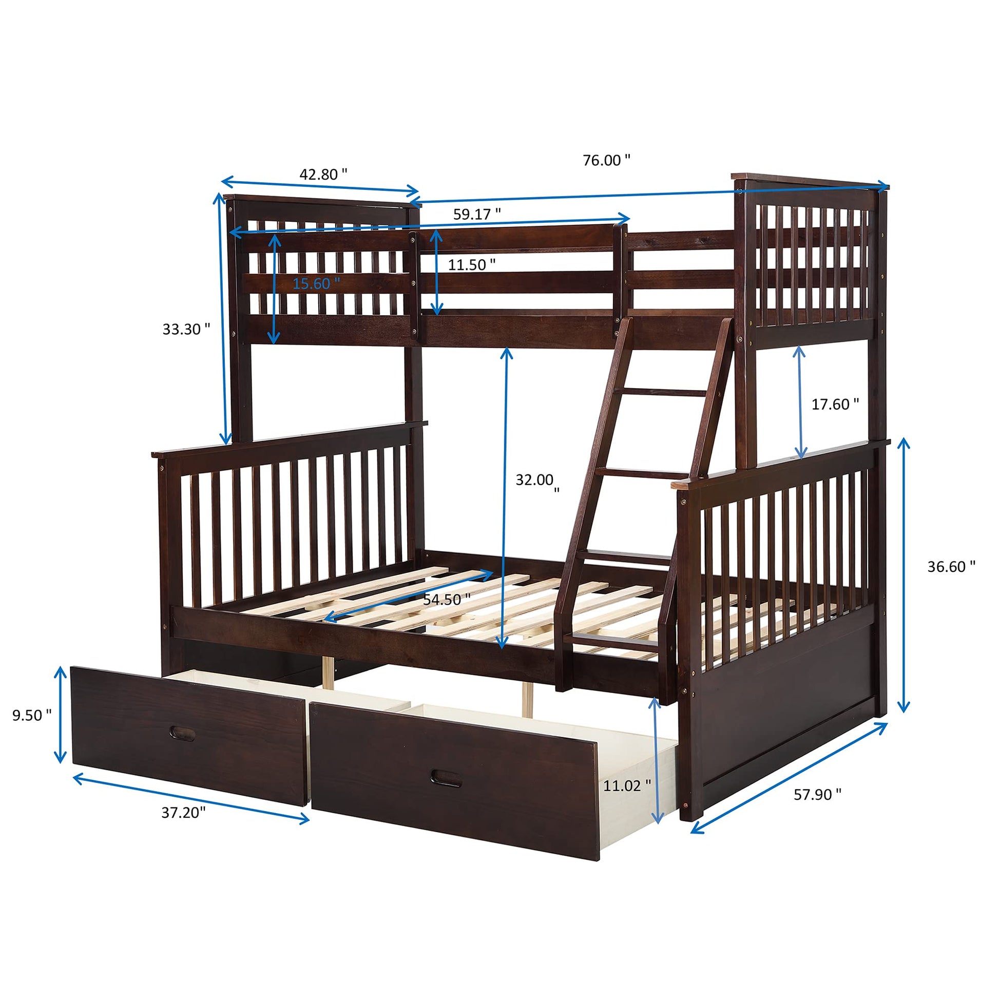 Espresso Twin Over Full Bunk Bed with Storage Drawers by DS-HOMEPORT - Sturdy Design with Safety Guardrails - WoodArtSupply