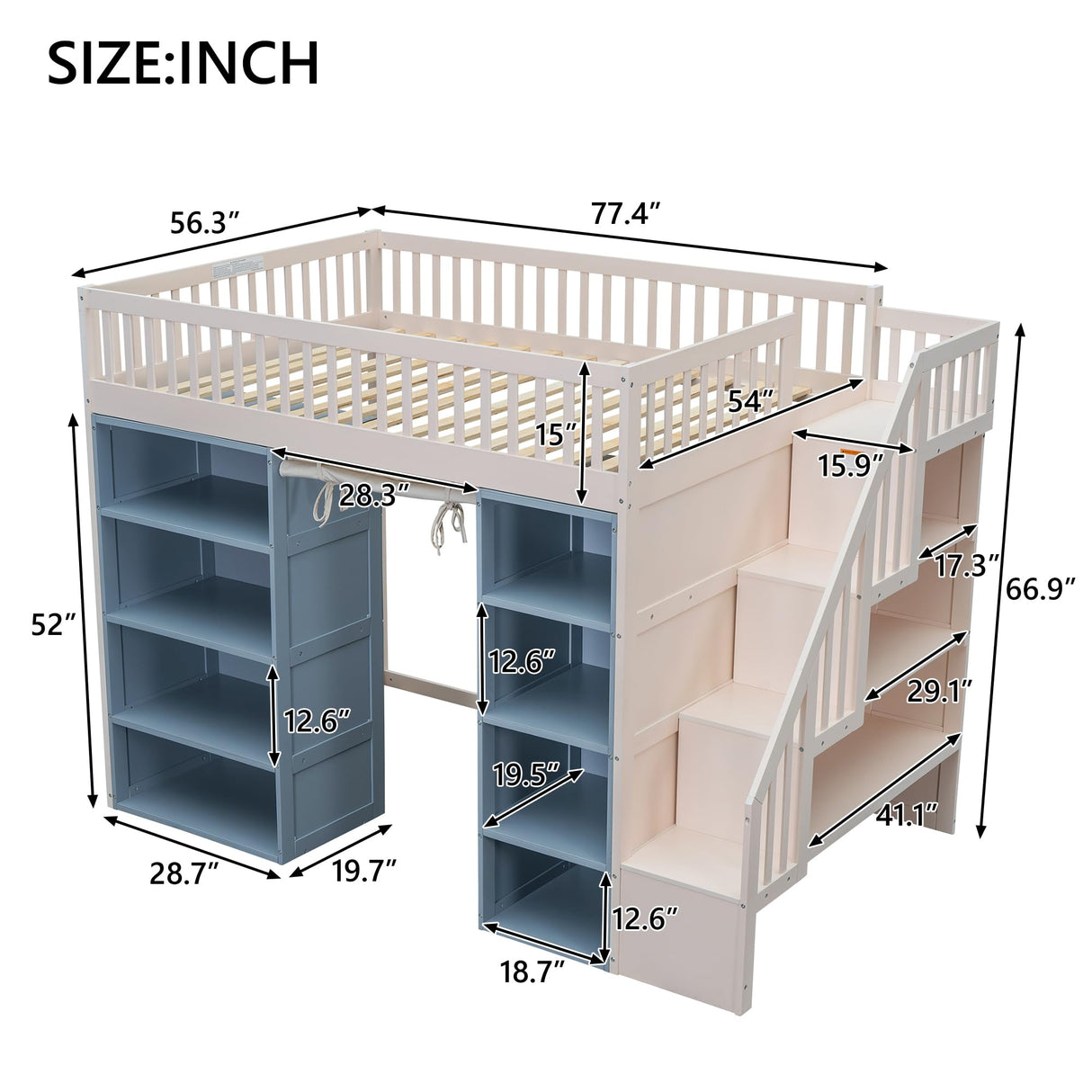 Merax Full Size Loft Bed with 2 Four-Layer Racks and Storage Staircase, Wooden Bed Frame with Curtain and Storage Cabinets, No Box Spring Needed, White+Blue Merax