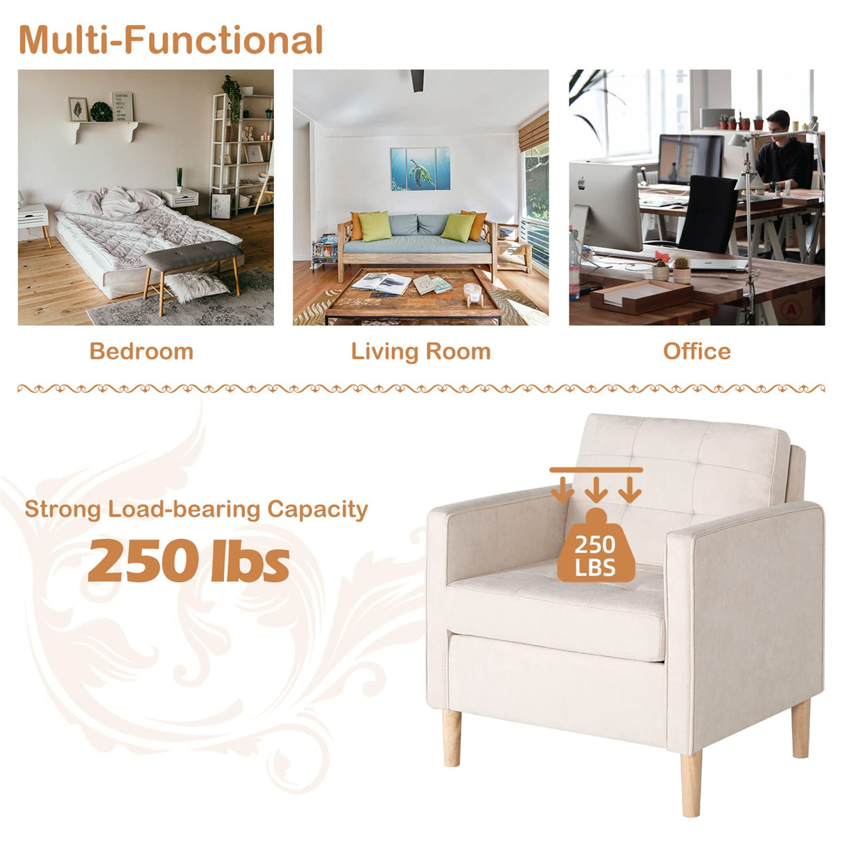 STHOUYN Mid Century Modern Home Office Upholstered Fabric Accent Chairs Set of 2 with Arms Reading Chair Club Chair, Living Room Bedroom Office, White (2, White) STHOUYN