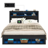 Albott King Size Farmhouse Bed Frame with Storage Bookcase Headboard and Footboard, Storage Wood Platform Bed Frame with Wood Slats Support, Noiseless LED Bed Frame, No Box Spring Needed, Black Albott