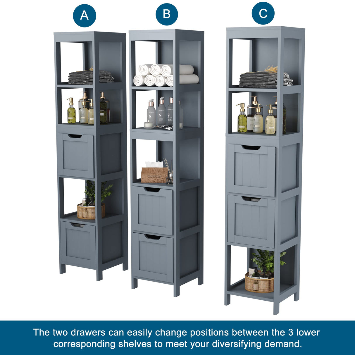 HOMEFORT Bathroom Storage Cabinet, Slim Tall Cabinet, Narrow Floor Cabinet Organizer, Wooden Linen Tower with 2 Drawers and 3 Shelves, Freestanding Storage Cupboard Grey HOMEFORT