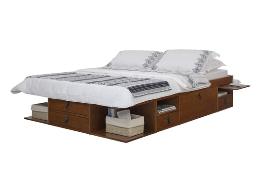 Bali Storage Platform Bed with Drawers - Queen Size in Caramel Brown Wood - WoodArtSupply