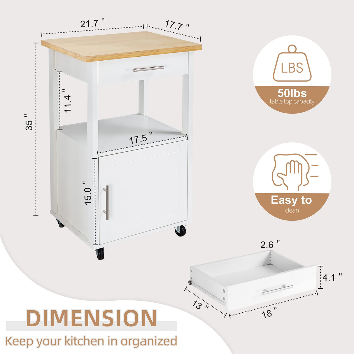 Shintenchi Kitchen Island Cart with Storage,Rolling Side Table on Wheels with Worktop,Single Door Cabinet and Drawer for Dinning Room, White Shintenchi