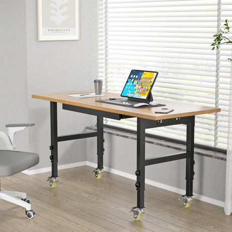 60" Adjustable Heavy Duty Work Bench with Drawers, Rubber Wood Top Workbench, Rolling Worktable with Power Outlet and Wheels, 2200 Lbs Capacity Hardwood Workstation for Garage, Workshop, Office, Home OAKANDO