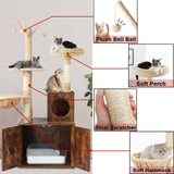 Timberer Cat Tree Tower with Litter Box Enclosure, 2-in-1 Wooden Cat Condo with Sisal Scratching Post, Hammock, Brown Timberer