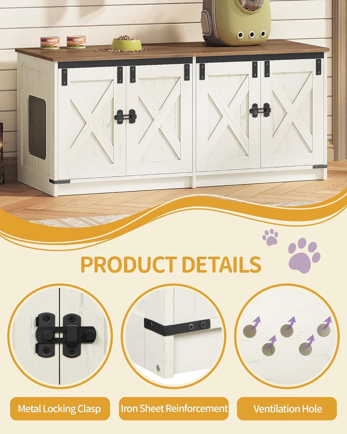 Hzuaneri Cat Litter Box Enclosure for 2 Cats, Hidden Litter Box Furniture Cabinet with Double Room, Indoor Cat House, Farmhouse Style, 46.7 x 18.9 x 21.1 Inches, Rustic Brown and White CB85314X Hzuaneri