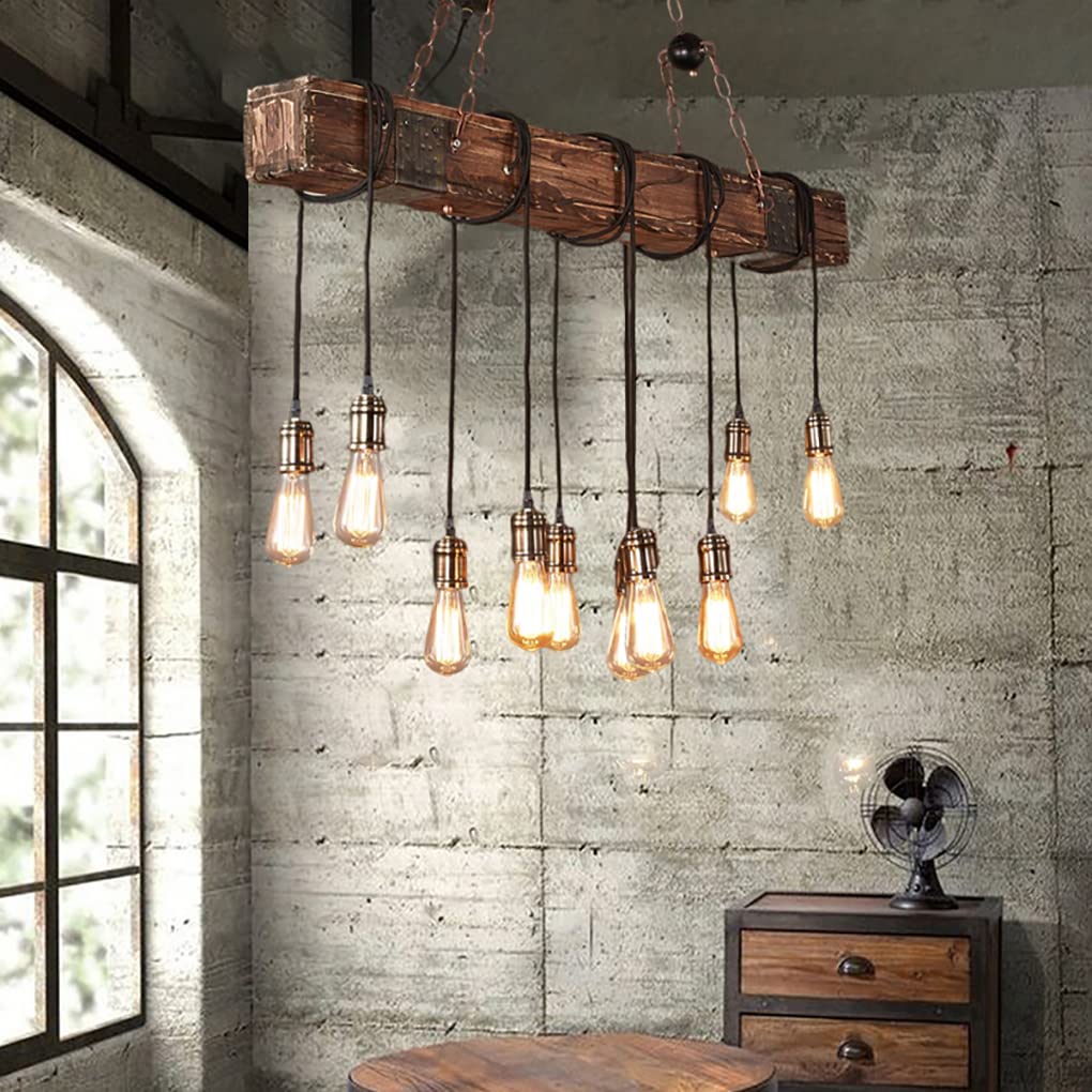 Rustic Chandelier Farmhouse Wood Beam Hanging Industrial Pendant Lighting Vintage Ceiling Light Fixture 10 Heads for Dining Table Kitchen Island Bar Coffee Billiard Pool Table (10 Lights) iMeshbean