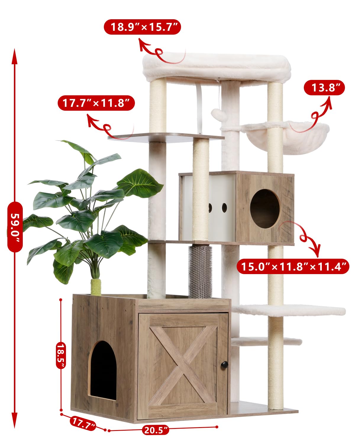 Gitelsnour Cat Tree with Litter Box Enclosure, Large Wooden Cat Tower Cat Condo for Indoor Cats with Play Garden (Leaf, Lawn, Hair Rubbers), Modern Cat House, Rustic Gray GCT110SG Gitelsnour