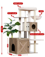 Gitelsnour Cat Tree with Litter Box Enclosure, Large Wooden Cat Tower Cat Condo for Indoor Cats with Play Garden (Leaf, Lawn, Hair Rubbers), Modern Cat House, Rustic Gray GCT110SG Gitelsnour