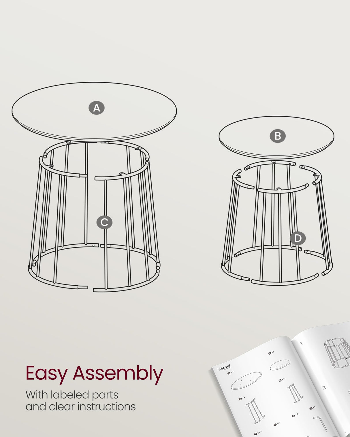 VASAGLE Round Coffee Tables, Set of 2, Modern Circle Side Tables with Steel Frame, for Living Room, Bedroom, Natural Walnut ULCT045K43 VASAGLE