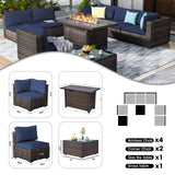 GREZJXC 8 Pieces Outdoor Sectional Patio Furniture Set with Fire Pit Table,PE Rattan Wicker Patio Sectional Conversation Set with Cushions and Glass Coffee Table Blue GREZJXC