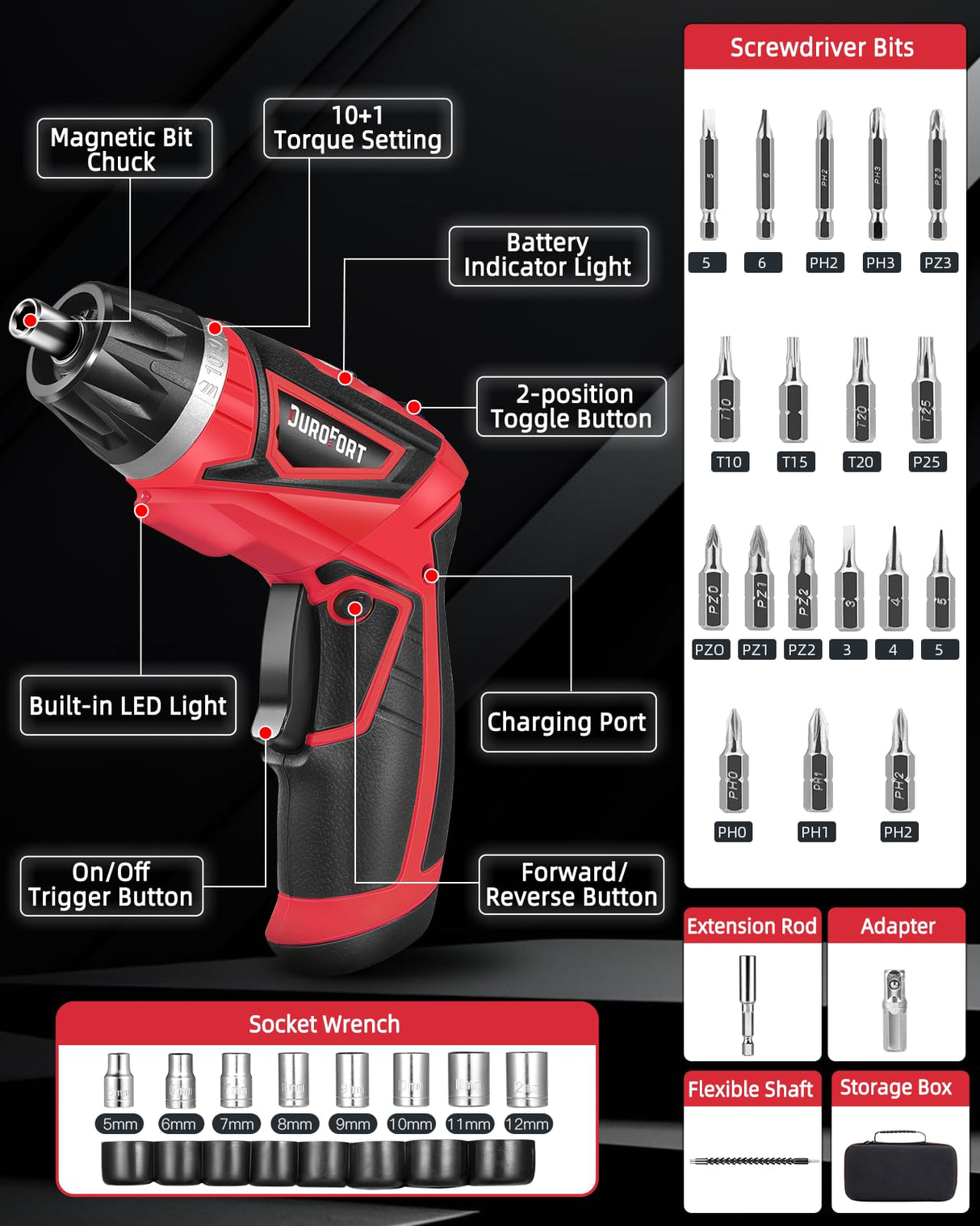 Cordless Electric Screwdriver Set, 8V Max 10Nm Rechargeable Power Electric Drill, Battery Screw Gun with 28pcs Driver Bit Set, 320RPM/10+1 Torque Setting, 2 Position Handle, Flexible Shaft LED Light DuroFort