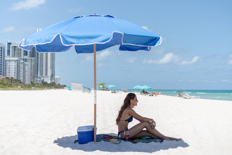 AMMSUN 7.5ft Heavy Duty HIGH Wind Beach Umbrella Commercial Grade Patio Beach Umbrella with Air Vent Ash Wood Pole & Carry Bag Upf 50+ Protection for Patio Garden Beach Pool Backyard Blue AMMSUN