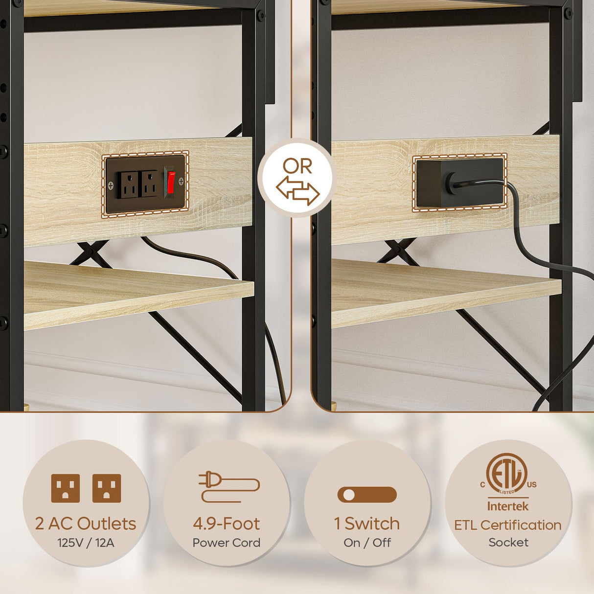 Bestier Oak Bakers Rack with Power Outlet and Storage Baskets - Microwave Stand & Coffee Bar Organizer Bestier