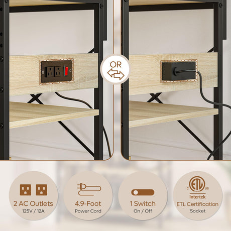 Bestier Oak Bakers Rack with Power Outlet and Storage Baskets - Microwave Stand & Coffee Bar Organizer Bestier