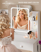 LIVELYGLOW Small Makeup Vanity Desk, 29.5" W x 15.8" D x 51.2" H, White (Smart LED Mirror, Hairdryer Rack, Power-Outlet, 5 Shelves, 2 Drawers) LIVELYGLOW