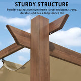 PURPLE LEAF 10' x 13' Outdoor Retractable Pergola with Sun Shade Canopy Patio Metal Shelter for Garden Porch Pavilion Natural Wood Grain Frame Modern Yard Grill Pergola with 24 LED String Lights Khaki PURPLE LEAF