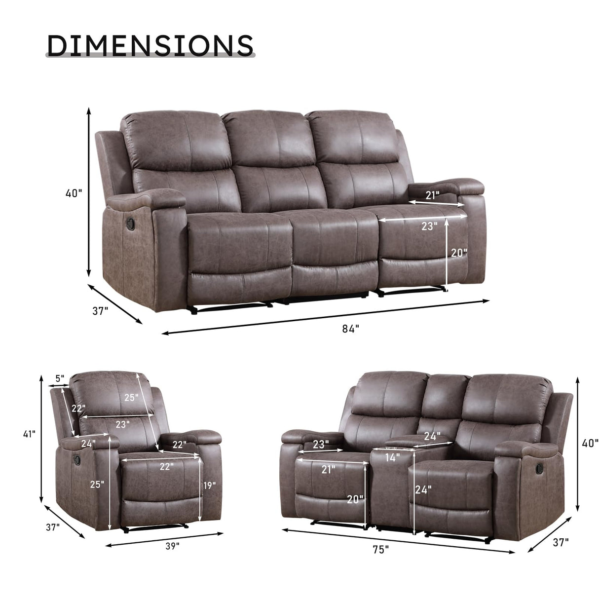 CANMOV Faux Leather Manual Reclining Sofa Furniture Set, Manual Recliner Chair, Manual Loveseat and 3 Seat Recliner Sofa Couch Set for Living Room,Grey CANMOV