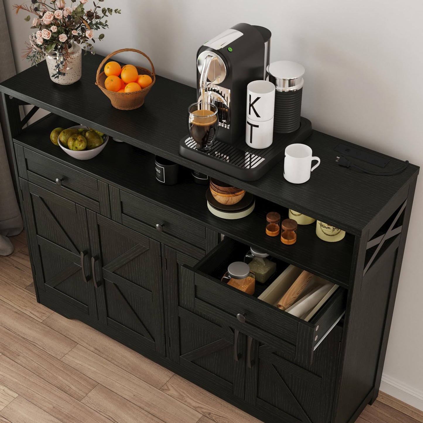 Befrases 51" L Modern Farmhouse Sideboard Buffet Cabinet, Black Storage Cabinet with Drawers & Shelves, Kitchen Pantry Hutch Cabinet, Coffee Bar Station Table for Living Room, Dining Room, En - WoodArtSupply