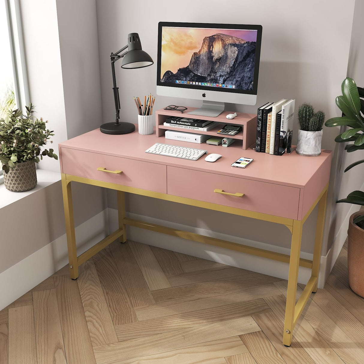 WESTREE Women Makeup Vanity Desk with 2 Drawers - Bedroom Home Office Desk, Wooden Height Monitor Stand & Storage Shelf Without Mirror, Pink Table Great Gift for Her WESTREE