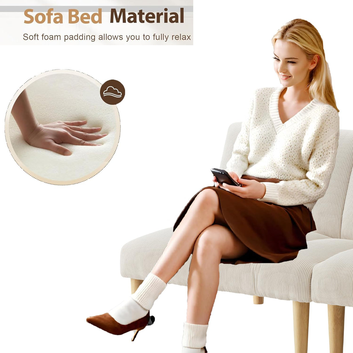 Modern Corduroy Convertible Folding Futon Couch Sofa Bed,with Adjustable Backrest Memory Foam Couch Double Loveseat Sofa for Compact Living Space,Dorm,Game Studio,Apartment,Bedroom (White) Gustonhon