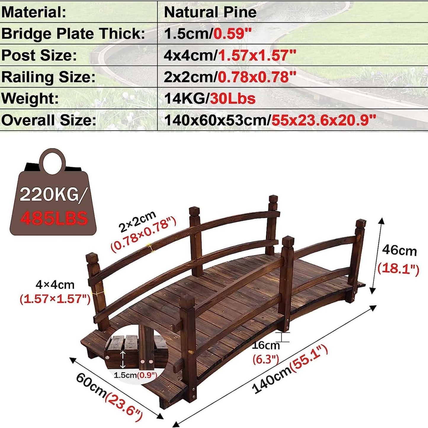 4.6ft Long Garden Decor Outdoor Bridge, Classic Wooden Arched Footbridge, for Fish Pound/Creek Bed/Farm, Easy to Install - WoodArtSupply