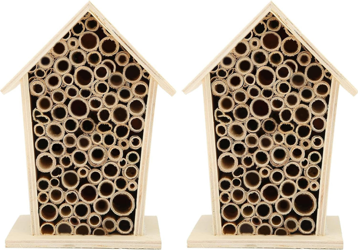 Native Hive Wooden Bee House, Natural Handmade Wooden Bee Box Habitat with Bamboo Tubes,Insect House Shelter for Attracting Peaceful Bee Pollinators (2PCS) Restokki