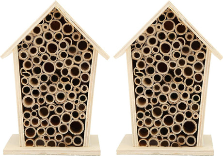 Native Hive Wooden Bee House, Natural Handmade Wooden Bee Box Habitat with Bamboo Tubes,Insect House Shelter for Attracting Peaceful Bee Pollinators (2PCS) Restokki