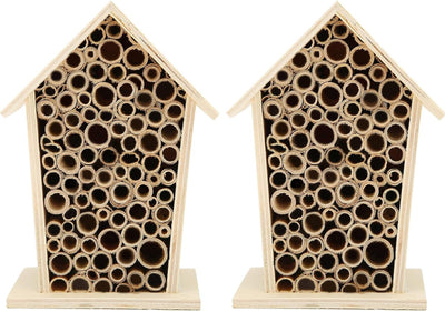 Native Hive Wooden Bee House, Natural Handmade Wooden Bee Box Habitat with Bamboo Tubes,Insect House Shelter for Attracting Peaceful Bee Pollinators (2PCS)