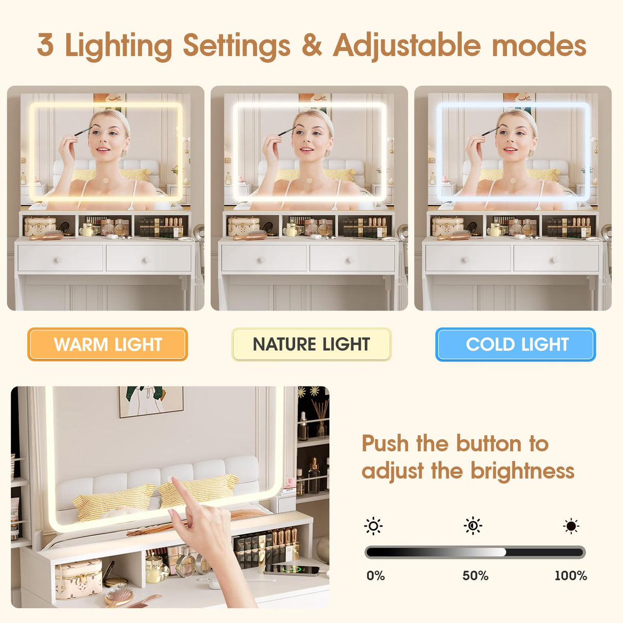 Fameill Vanity Desk with Mirror and Lights, White Makeup Vanity with 3 Color Lighting & 2 Large Drawers, Small Vanity with Charge Station and Stool, Vanity Set with Hidden Sliding Jewelry Cabinet Fameill