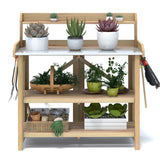 Giantex Garden Potting Bench, Galvanized Steel Top, 6 Hooks, 2 Tier Storage Shelves, Wood Workstation for Indoor Outdoor Gardening Planting Garage Tools, Potted Plant, Worktable 41.5"x19.5"x48" Giantex