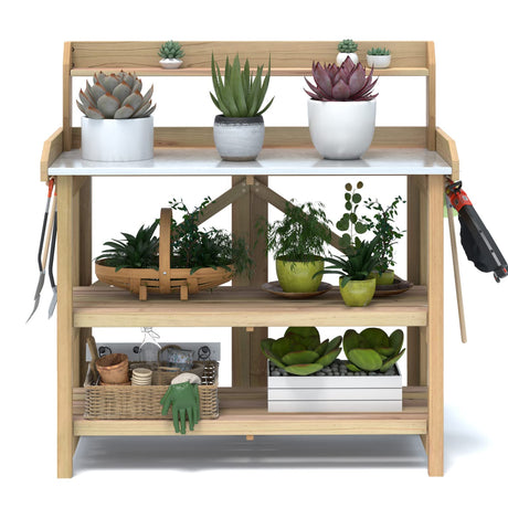 Giantex Garden Potting Bench, Galvanized Steel Top, 6 Hooks, 2 Tier Storage Shelves, Wood Workstation for Indoor Outdoor Gardening Planting Garage Tools, Potted Plant, Worktable 41.5"x19.5"x48" Giantex