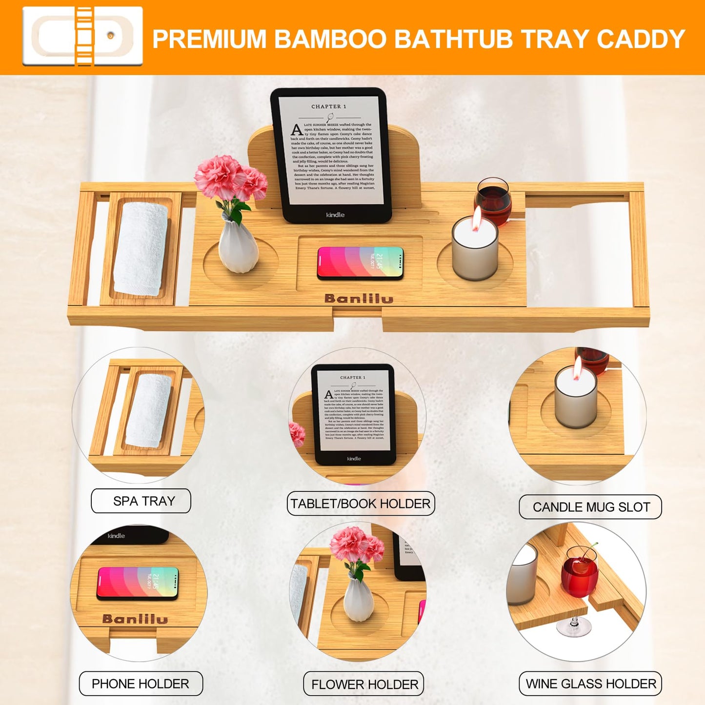 Luxury Bathtub Caddy Tray - Bath Tray Expandable - Bath Tub Tray Table for Bathtub - Bath Caddy Tray for Bathtub, Ajustable Size, Fits Most Tubs