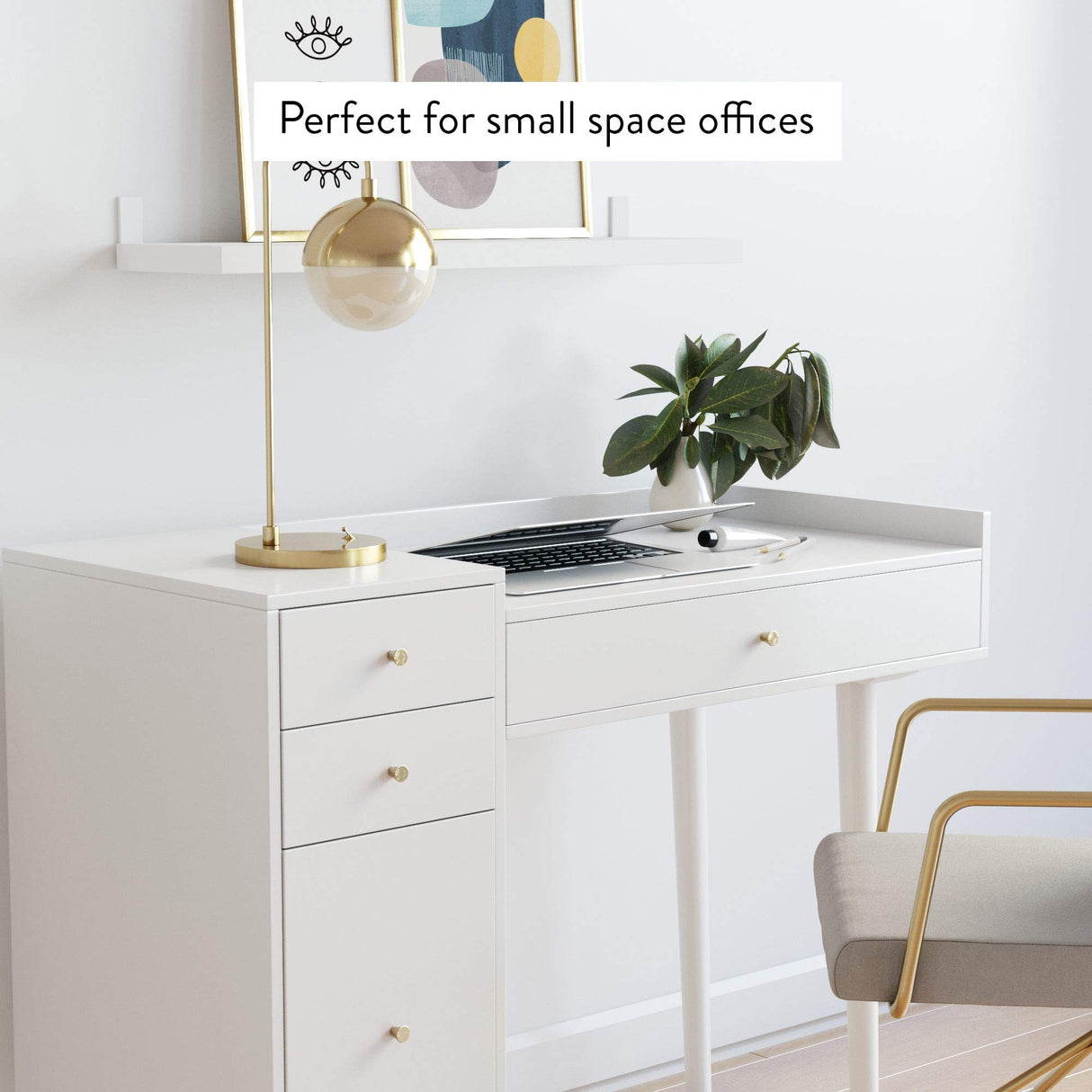 Nathan James Daisy Vanity Dressing Table or Makeup Desk with 4-Drawers and Brass Accent Knobs, White Wood Nathan James