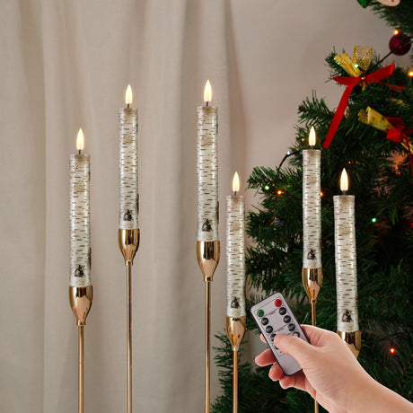Eywamage Short Birch Bark Flameless Taper Candles with Remote, Flickering Wood LED Wax Candlesticks Set of 6 Eywamage